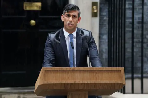 PA Media Rishi Sunak announces the general election in pouring rain outside No 10