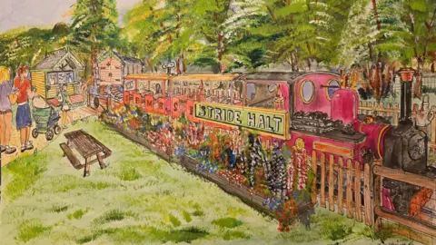 A watercolour image of a steam train at at a station, with the station name "Stride Halt" attached to wooden fencing. There are flowers and trees planted around
