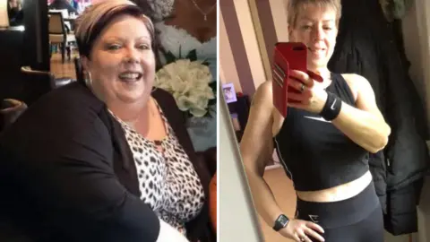 Two images of Lisa Halls, one on the left when she was larger wearing a dress and cardigan and one on the right where is noticeably slimmer and posing in workout clothing.