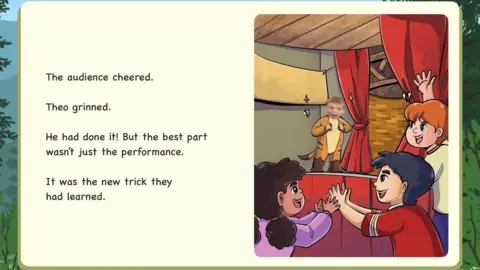 Lapp ed tech A screenshot of the app and Theo in a stage show surrounded by cartoon style children. Theo's character is wearing a tiger costume.