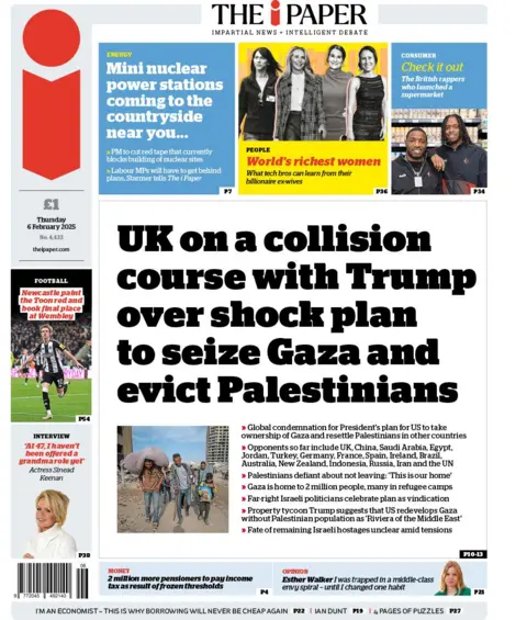 i front page with headline: UK on collision course with Trump over shock plan to seize Gaza and evict Palestinians