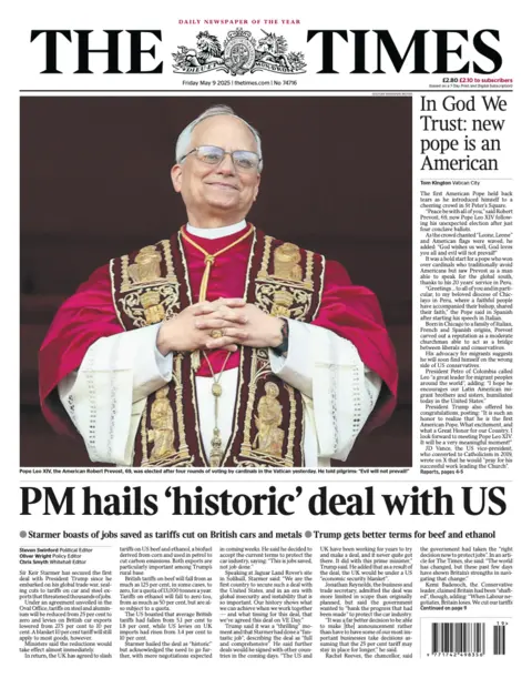 The Times' headline says "PM hails 'historic' deal with US". 
