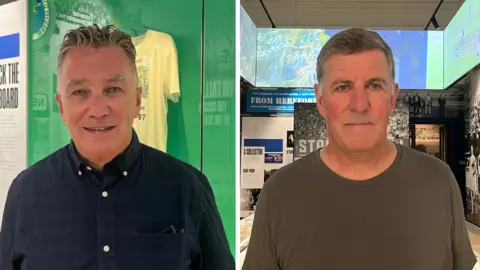 Josh McLaughlin/BBC Ian Hart and Mark McGhee both smile for a photograph while standing in the gallery.