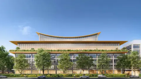 An artist impression of a large building which is in the middle of the image and has a row of tall trees outside. The building is six-storeys, with the bottom floor levels having large glass windows and the top two mainly made from wood. 