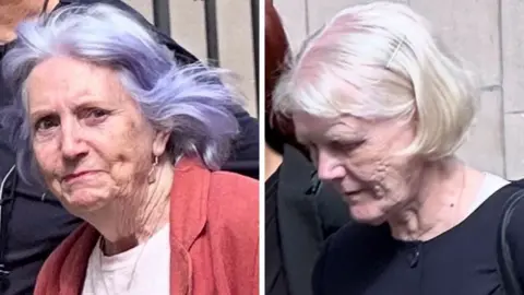 A composite image showing woman with purple rinsed hair wearing a red top and pink T shirt and another woman with white/blonde hair in a dark top, pictured outside a court building