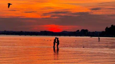 A couple can be seen in silhouette standing knee deep in the sea kissing. They are bathed in orange light from a setting sun which is disappearing behind the townscape horizon of trees and buildings. One person can be seen in background walking through the water. A bird is flying through the sky above.