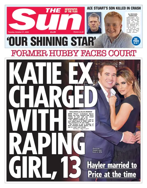 "Katie ex charged with raping girl, 13" reads the headline on the front page of The Sun.