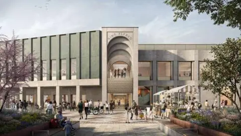 Brighton & Hove City Council An artist's impression of the new King Alfred Leisure Centre, showing rectangular concrete and glass buildings.