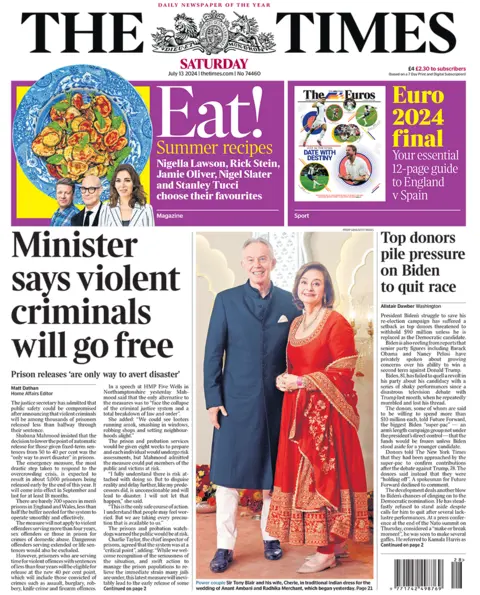 The main headline on the front page of the Times reads: "Minister says violent criminals will go free"