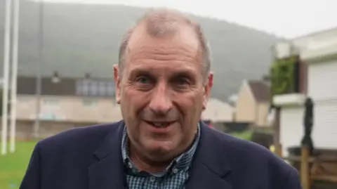 Deputy council leader Alun Llewelyn, wearing a blue jacket and shirt, looks into the camera and is standing near a rubgy field