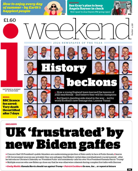 The headline on the front page of the i weekend reads: "UK 'frustrated' by new Biden gaffes"