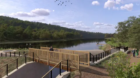Mott MacDonald A computer generated picture showing a new bridge across the Upper Cannop reservoir in the Forest of Dean. A man is walking across the bridge, with the water in the background