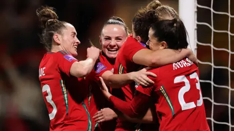 Jan Kruger/Getty Images The Wales team celebrating a goal 