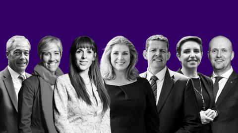 Nigel Farage, Daisy Cooper, Angela Rayner, Penny Mordaunt, Rhun ap lorwerth, Carla Denyer and Stephen Flynn