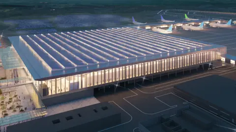 Luton Rising A computer-generated image of what the new terminal building could look like at London Luton Airport. Planes are parked on a nearby runway. The terminal is brightly lit rectangular building with glass sides.