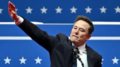 Getty photos Elon Musk in a march in front of the microphone. His right arm is raised at an angle of 45 degrees to his body, with his hand comfort and indicates below.