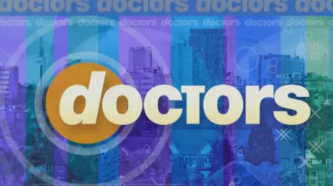 A logo for the show, featuring the word Doctors on top of a purple, blue and green background, with houses at the bottom of the photo and tall buildings near the top. 