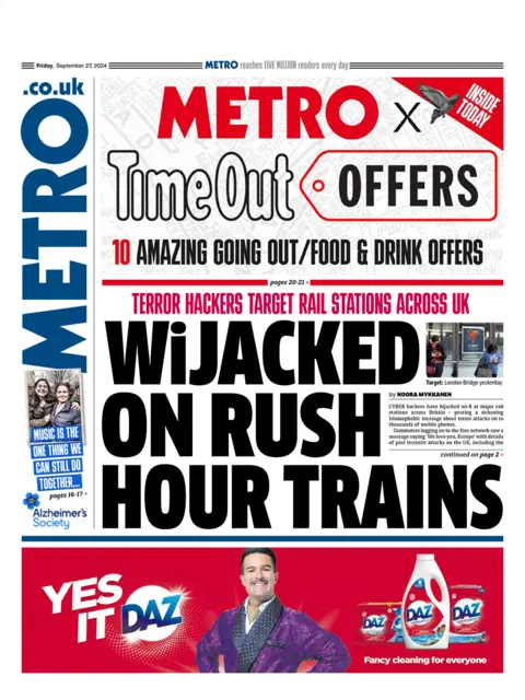 The front page of the Metro. The headline reads: 'WiJacked on rush hour trains'.