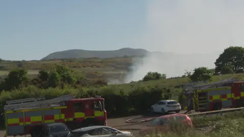 Two fire engines are pictured at the scene of the fire with smoke billowing over the hills