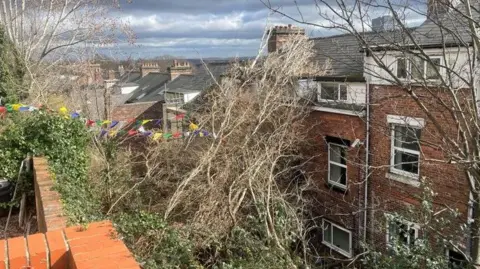 A tree can be seen fallen on top of a three-storey house.