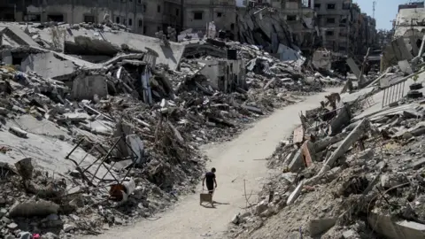 Reuters A lone Palestinian pulls a cart along a road amid debris from destroyed buildings showing the devastation caused by the ongoing Israel-Gaza conflict