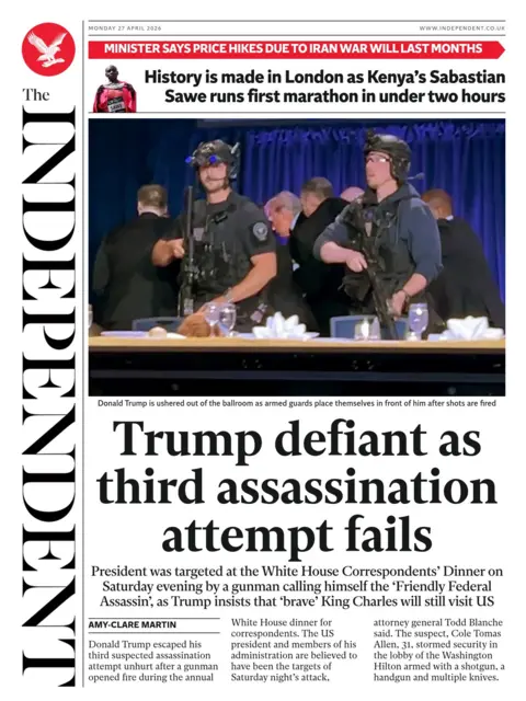 The headline on the front page of the Independent is 'Trump defiant as third assassination attempt fails'