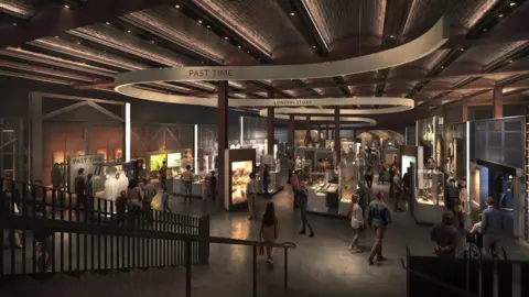 Secchi Smith A spacious museum exhibit hall with Secchi display cases, informational signs, and visitors walking and viewing exhibits under curved ceiling lights. Signage reads "PAST TIME" and "LONDON STORY.