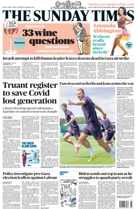 The main headline on the front page of the Sunday Times reads: "Truant register to save Covid lost generation"