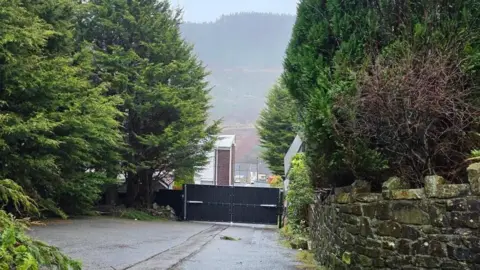 Richard Clarke Picture of the gates from inside Cwmparc Forest, large pine trees can be seen either side of the bricked wall and black gates stand in the middle at about one metre tall. Mountains can be seen in the background, cutting into a grey sky.