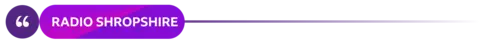 A textured purple circle and plain purple pill-shaped oblong with curved edges sitting next to each other on a line, which gradually fades across the screen from left to right. The words "Radio Shropshire" are written in the oblong