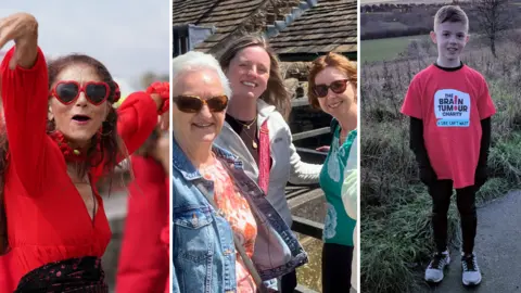 Three side-by-side images. On the left, a women in a red dress and red love-heart shaped sunglasses dances. In the middle, a group of women lean against a bridge. On the right, a young boy wearing running gear and a Brain Tumour charity top smiles. 