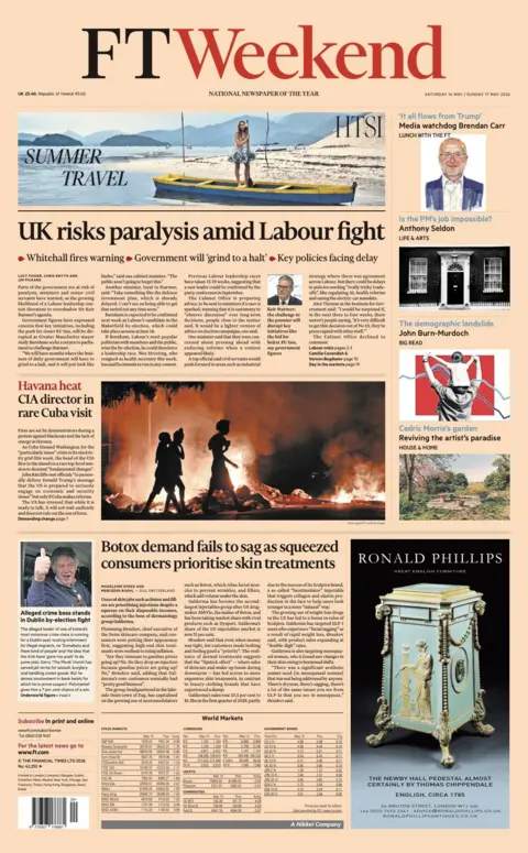 The headline on the front page of the FT Weekend reads: "UK risks paralysis amid Labour fight."