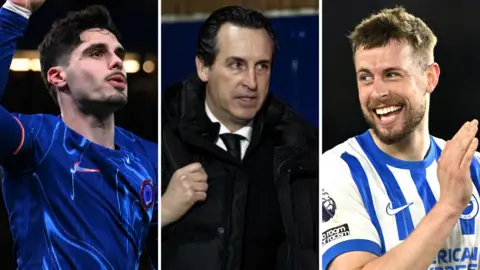 Chelsea forward Pedro Neto (left), Aston Villa manager Unai Emery (centre) and Brighton defender Adam Webster (right)