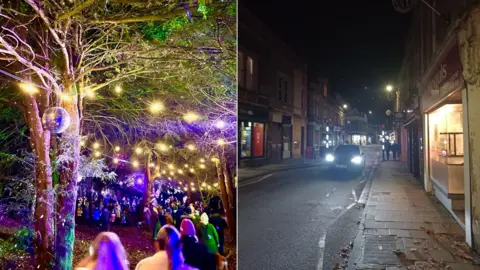 A collage of two images next to each other, the left image shows a busy Christmas lights display, with disco balls and blue lights. The right image is a dark town centre, with no Christmas lights.