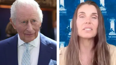 A split screen with King Charles on the left and Teresa Helm on the right.