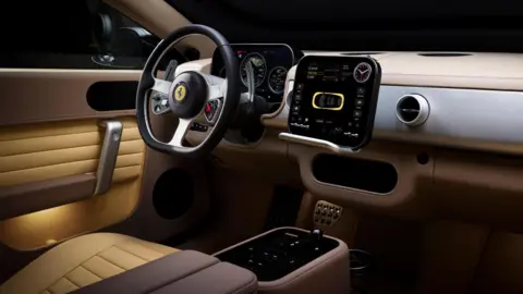 Ferrari An inside look of the Ferrari Luce, with cream leather lining and a large touchscreen with curved edges.