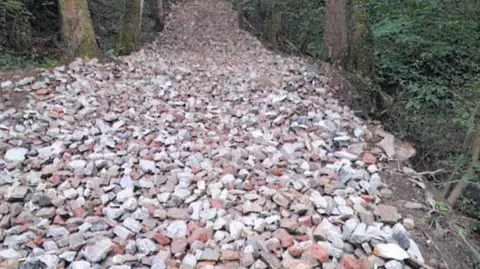 LDRS Piles of bricks and construction material laid out along a road through trees