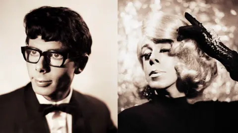 Herbert Shergold Two black and white photos. On the left, a man is wearing a tuxedo and glasses, on the right, a woman is about to sweep her hair back. Both are taken in the style of 1930s Hollywood photos, with a soft focus