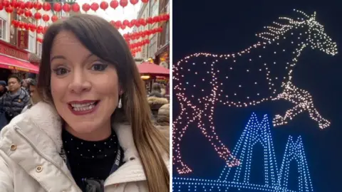 A split screen showing a woman with long brown hair standing in China town and the outline of a horse in lights