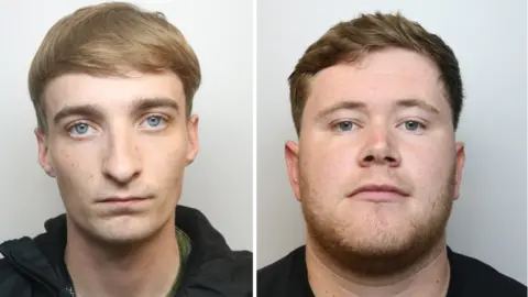 Mug shots of Shay and Charlie, Both are young men in their mid 20s, Shay on the left has blond hair and Charlie on the right has shorter brown hair. Both are wearing black tops