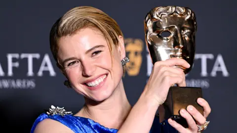 Jessie Buckley at the 2026 EE BAFTA Film Awards held at The Royal Festival Hall on February 22, 2026 in London, England.