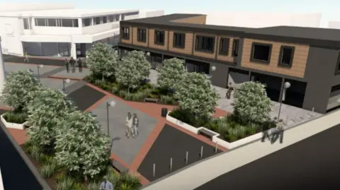 Telford and Wrekin Council An artist's impression shows how the area could look. There is a wide public walkway with trees dotted around it with an large, two-level orange and black building to the right.