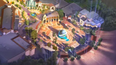 Universal Destinations & Experiences/Comcast Concept art of the entrance area of Universal shows an open area surrounded by buildings with a large blue Universal globe in the middle