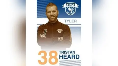 Sands United A graphic of a man looking at the camera with folded arms against the backdrop of the Sands United badge and the name of his late son, Tyler. At the bottom, the graphic has the words "Tristan Heard 38".