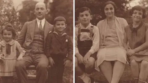 Family Pictures from the family's time in Vienna, taken from their photo album. The faded black and white prints have a sepia tone. Eli and Tirsa are photographed with their father Heinrich Getreu in the first image and in the second image, Eli and Tirza are with their mother Laje Getreu.