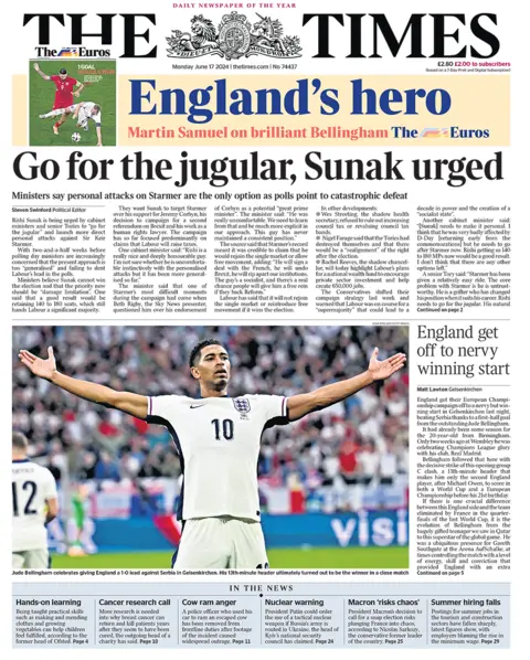 The headline on the front page of the Times reads: "Go for the jugular, Sunak urged"