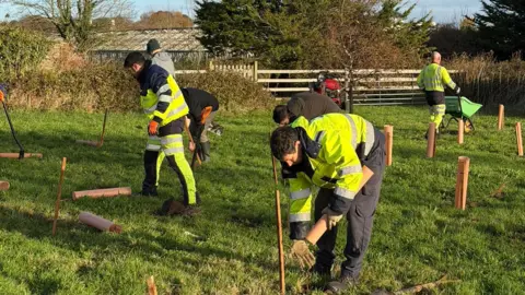 Photo of people in hi-vis planting trees in a field.