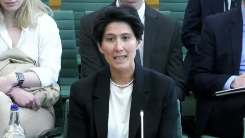 UK Parliament Cabinet Office permanent secretary Cat Little speaks to camera while sitting in the hearing giving evidence with others sitting behind her.