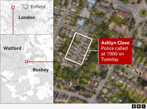Harta de localizare a scenei crimelor din Bushey, Hertfordshire