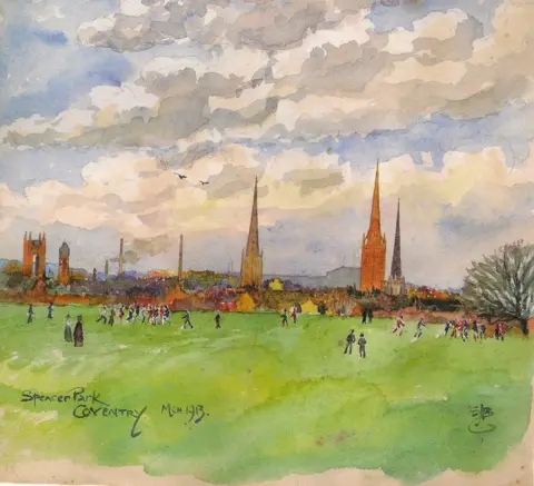 CC, CCBY, Coventry Archives A watercolour painting of Spencer Park in Earlson, Coventry. It shows the park with many people in it in the foreground with the distinctive spires of Coventry in the background. 
